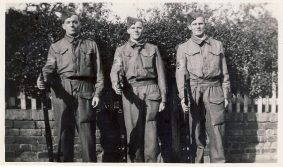 Chelveston Home Guard - L to R - Art(hur) See, Walt Bridge (later promoted to L/Cpl) and Percy Felce (later promoted to Sgt).